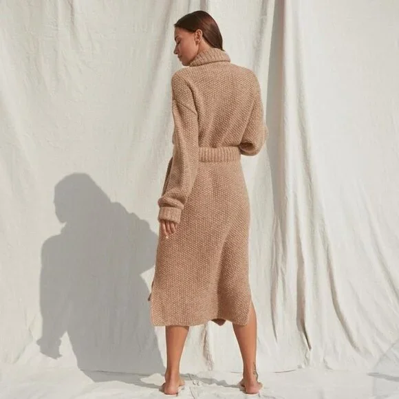 Lunya Chunky Knit Wool Open Belted Robe Deep Pockets Delicate Tan Size L/XL - Picture 12 of 12